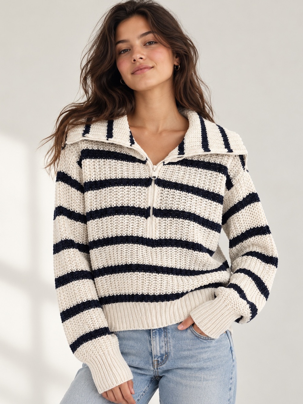 American Eagle Striped Half-Zip Sweater in White & Black Size Medium